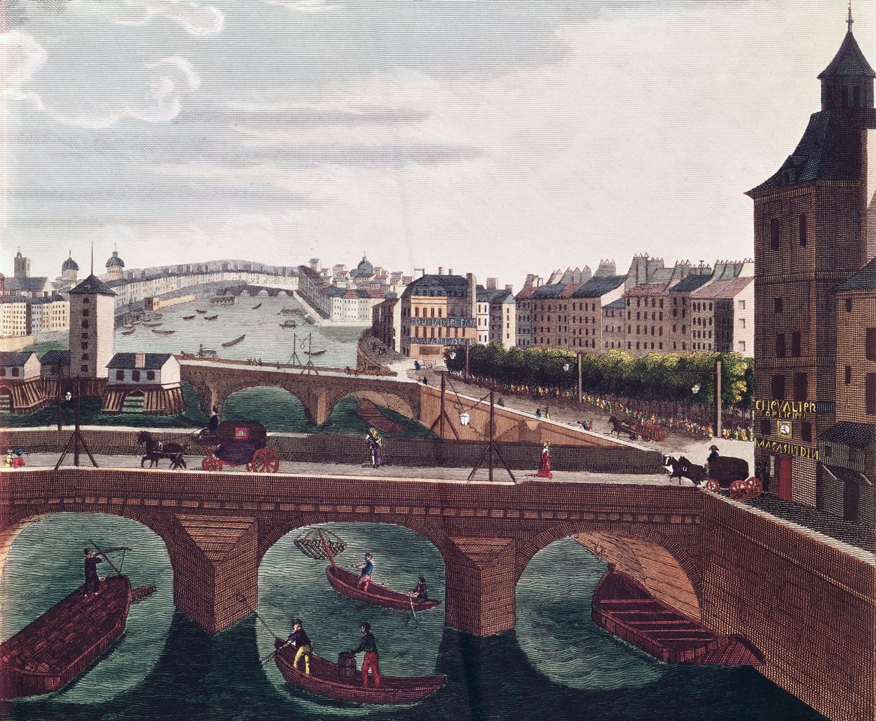 Pont au Change och Pont Notre Dame, ca 1815-20 färggravyr detalj av 220485 av Henri Courvoisier Voisin