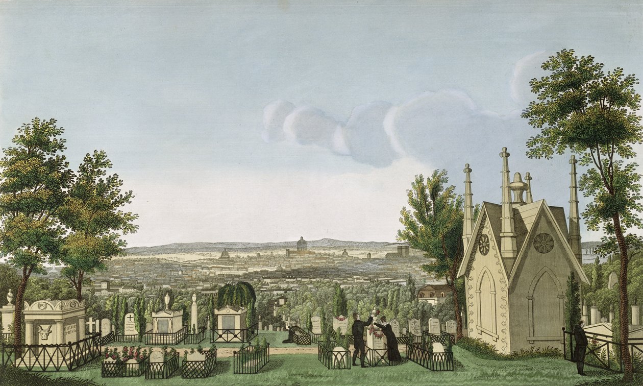 Vy över Pere-Lachaise-kyrkogården från det gotiska kapellet, graverad av Guiguet av Henri Courvoisier Voisin