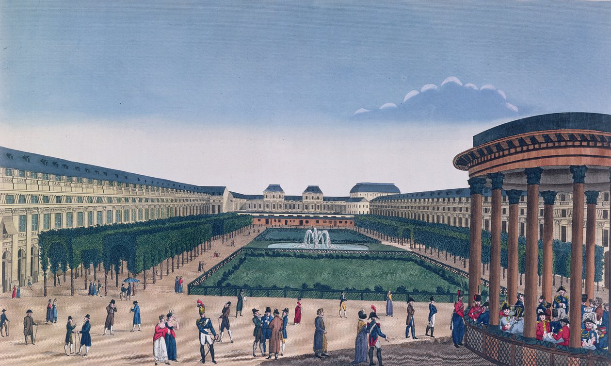 Utsikt över Palais Royals trädgårdar, sedd från Rotundan, graverad av Eugene Aubert, ca 1820 av Henri Courvoisier Voisin