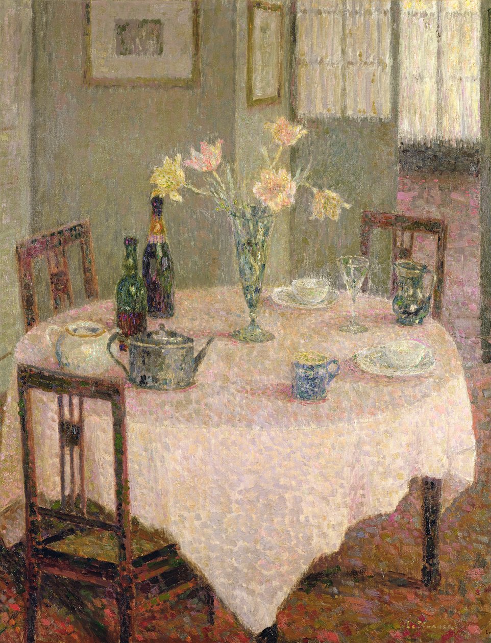 Inredning med en rosa duk av Henri Eugene Augustin Le Sidaner