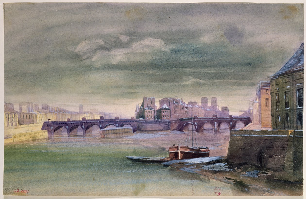 Pont-Neuf och Ile de la Cite, 1881 (wc på papper) av Henri Jean Baptiste Levis