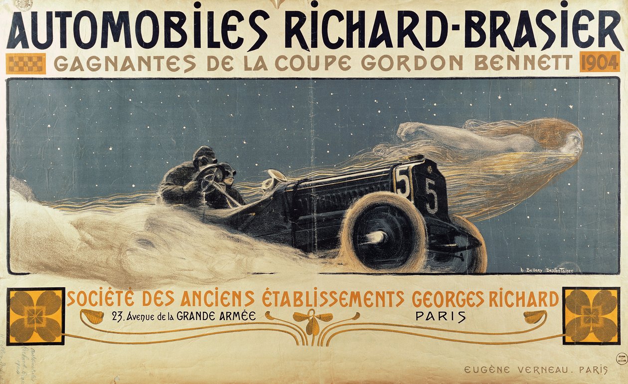 Affisch som visar Automobiles Richard-Brasier vinna Gordon Bennett Cup, 1904 av Henri Jules Ferdinand Bellery Defonaines