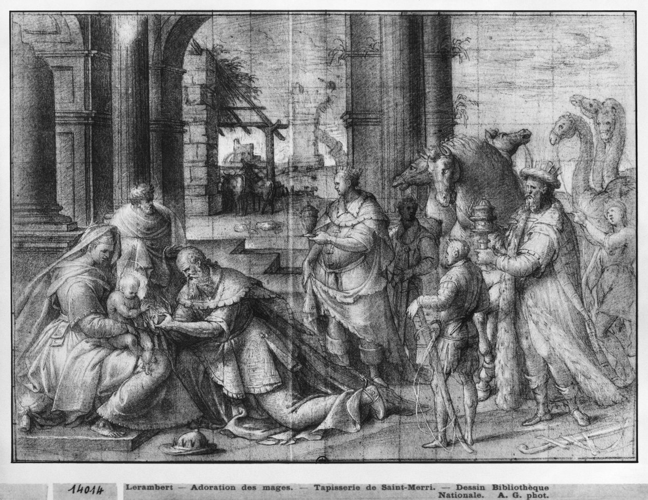 Kristi liv, tillbedjan av de tre vise männen, förberedande studie av tapetteckningen till kyrkan Saint-Merri i Paris, ca 1585-90 (pierre noire und wash und white highlights on paper) av Henri Lerambert
