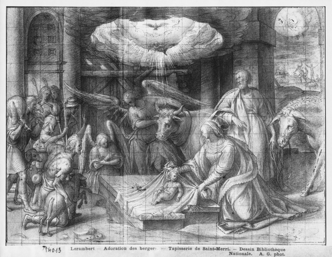 Kristi liv, tillbedjan av herdarna, förberedande studie av tapetteckningen till kyrkan Saint-Merri i Paris, ca 1585-90 (pierre noire und wash und white highlights on paper) av Henri Lerambert