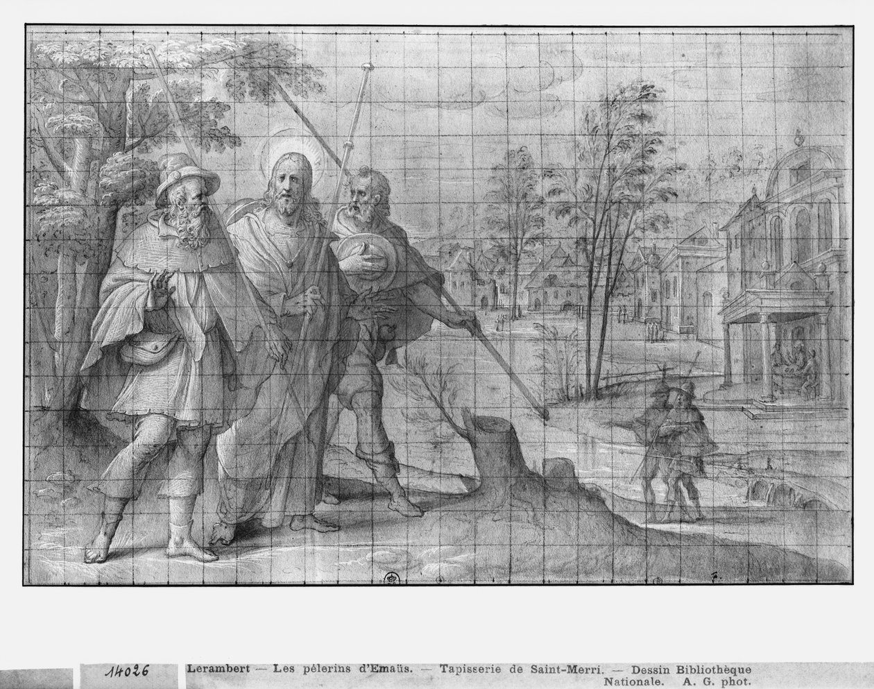 Livet av Kristus, Kristus på vägen till Emmaus, förberedande studie av gobelängtecknad film för kyrkan Saint-Merri i Paris, ca 1585-90 (pierre noire und wash und white highlights on paper) av Henri Lerambert