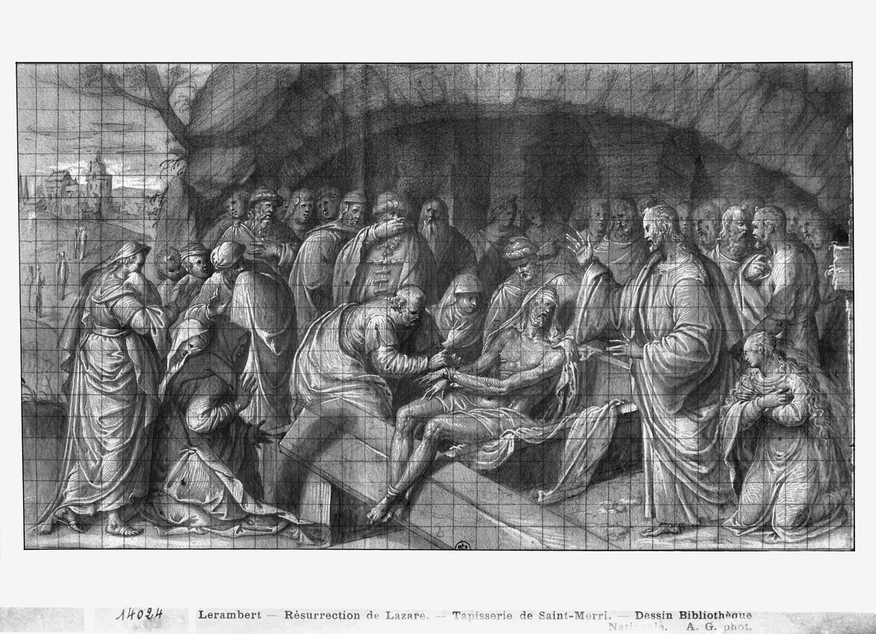 Kristi liv, Kristus reser Lasarus från de döda, förberedande studie av gobelängtecknad film för kyrkan Saint-Merri i Paris, ca 1585-90 (pierre noire und wash und white highlights on paper) av Henri Lerambert