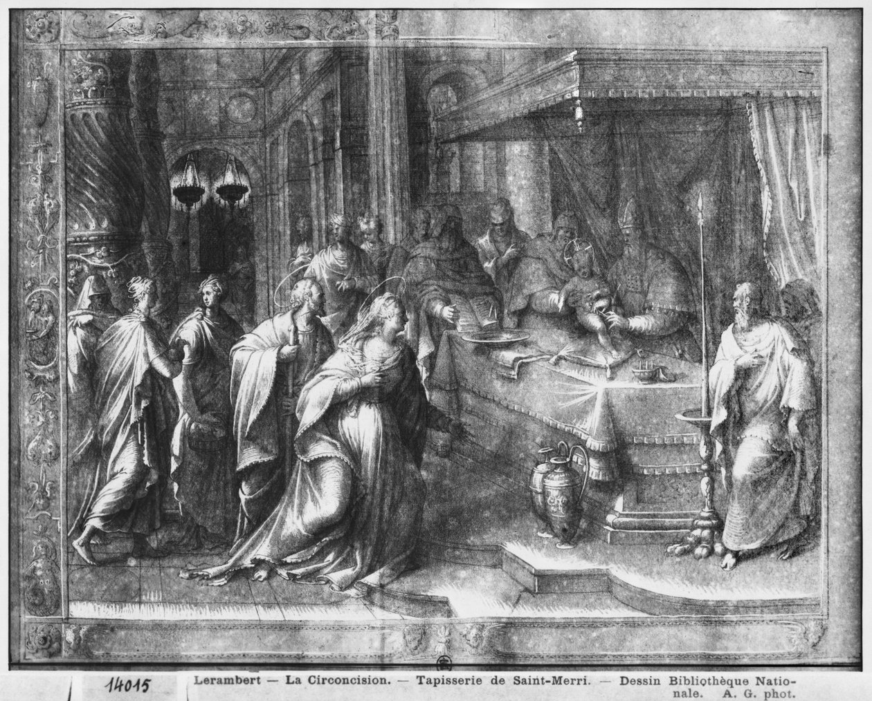 Kristi liv, omskärelse, förberedande studie av gobelängtecknad film för kyrkan Saint-Merri i Paris, ca 1585-90 (pierre noire und wash und white highlights on paper) av Henri Lerambert