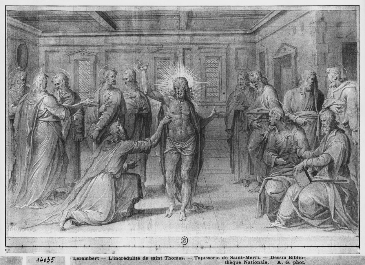 Life of Christ, Incredulity of St. Thomas, forberedende undersøgelse af billedtæppe tegneserie for Church Saint-Merri i Paris, ca. 1585-90 (pierre noire und wash und white highlights on paper)swed av Henri Lerambert