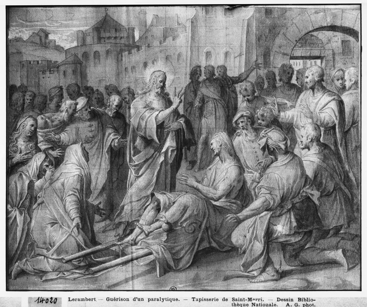 Life of Christ, Jesus healing a paralytic at Capernaum, preparing study of gobestry cartoon for Church Saint-Merri i Paris, c.1585-90 (pierre noire und wash und white highlights on paper) av Henri Lerambert