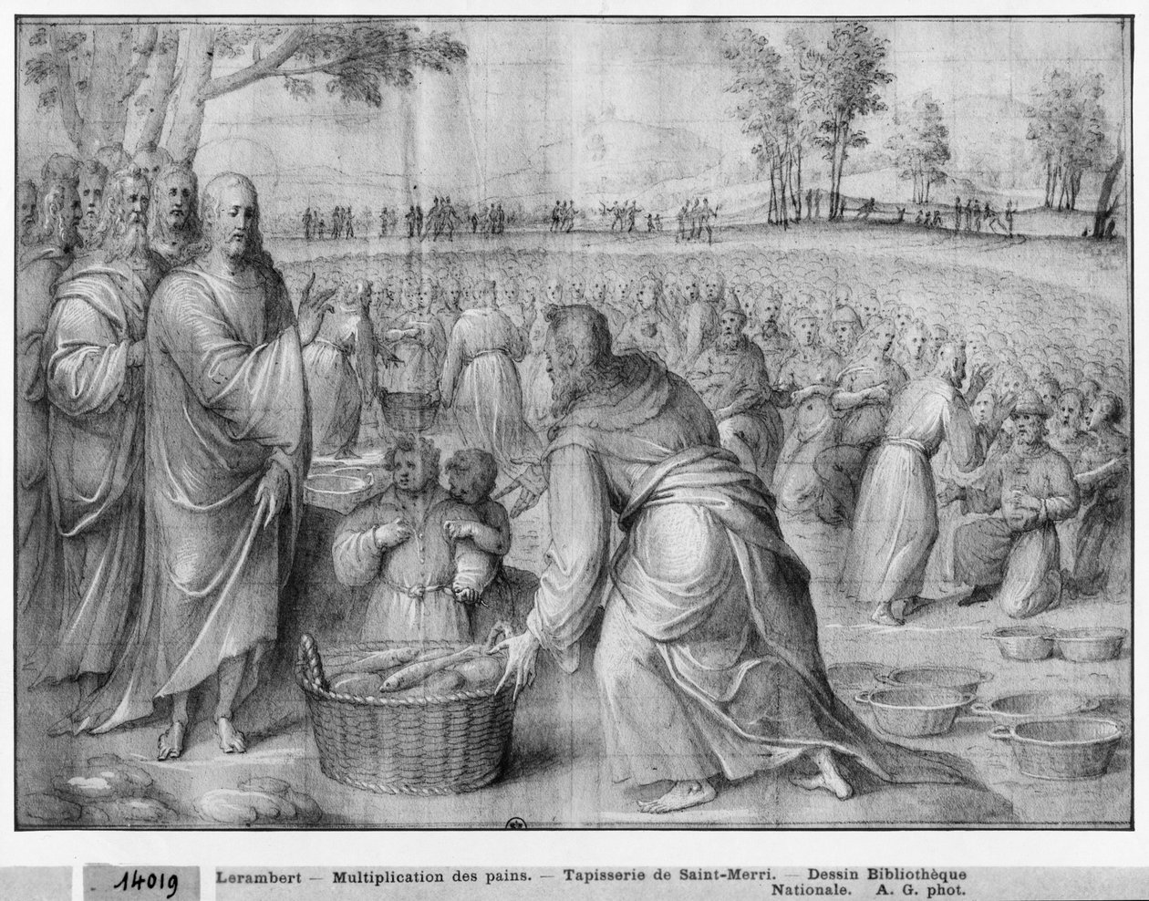 Kristi liv, förökning av bröden och fiskarna, förberedande studie av gobelängtecknad film för kyrkan Saint-Merri i Paris, ca 1585-90 (pierre noire und wash und white highlights on paper) av Henri Lerambert