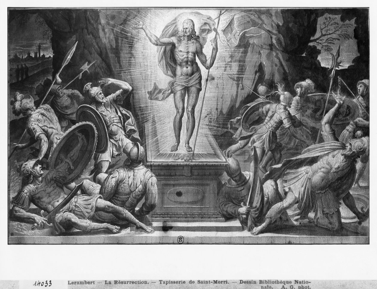 Life of Christ, Resurrection of Christ, förberedande studie av gobelängtecknad film för kyrkan Saint-Merri i Paris, ca 1585-90 (pierre noire und wash und white highlights on paper) av Henri Lerambert