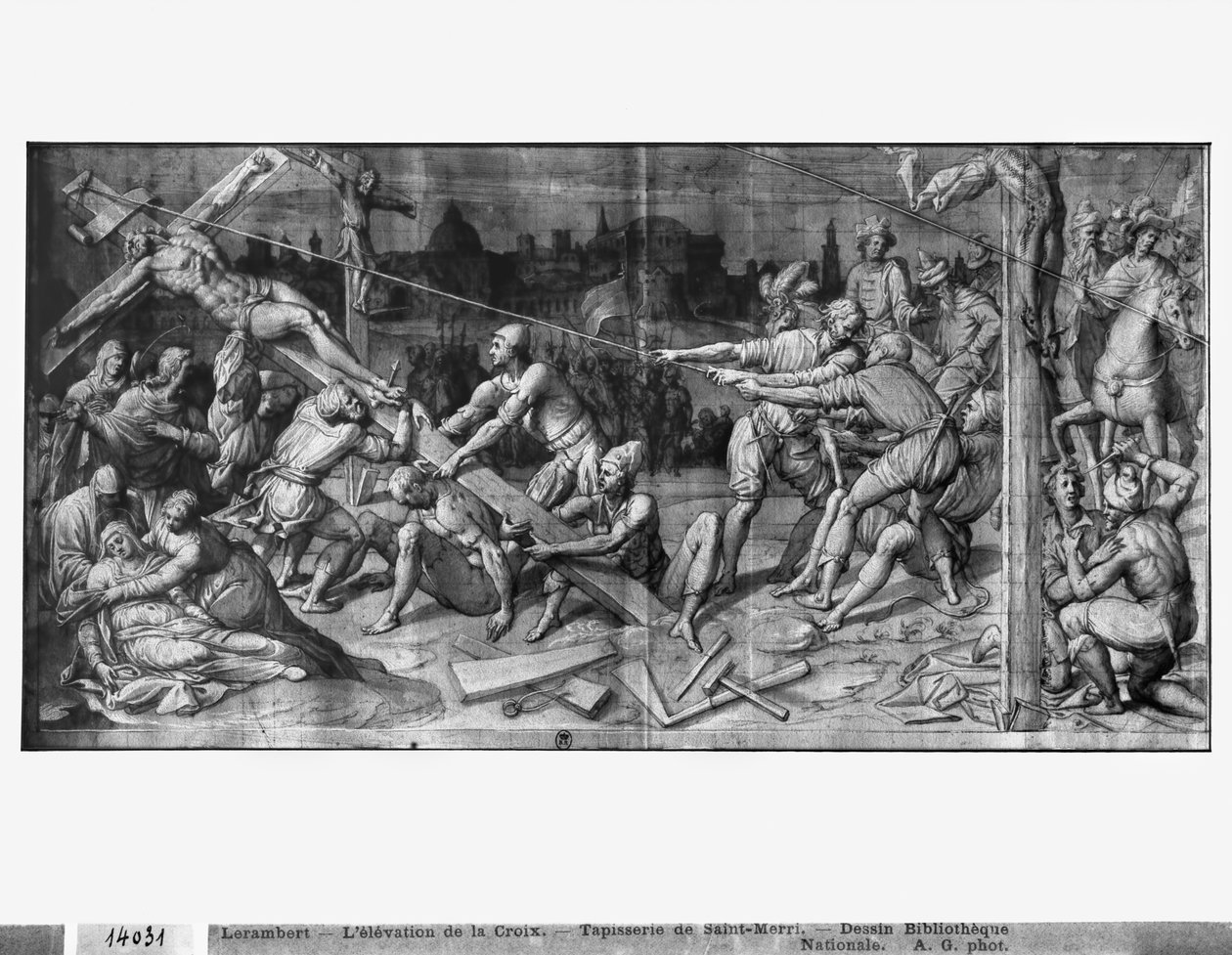 Life of Christ, the Raising of the Cross, forberedende studie af billedtæppetegneserie for kirken Saint-Merri i Paris, ca. 1585-90 (pierre noire und wash und white highlights on paper)swed av Henri Lerambert