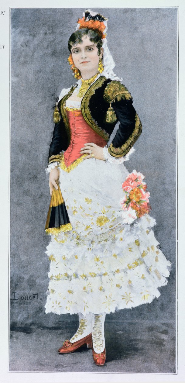 Celestine Galli-Marie (1840-1905) i rollen som Carmen av Georges Bizet (1838-75), 1884 (färggravyr) av Henri Lucien Doucet