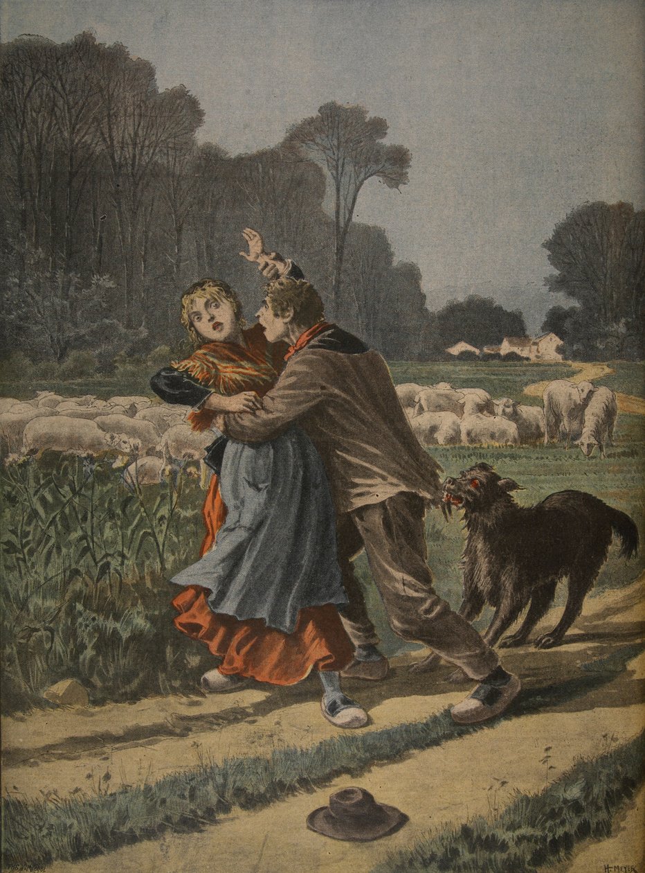 Herdinna försvaras av sin hund, illustration från "Le Petit Journal": Supplement illustre", 9 januari 1898 av Henri Meyer