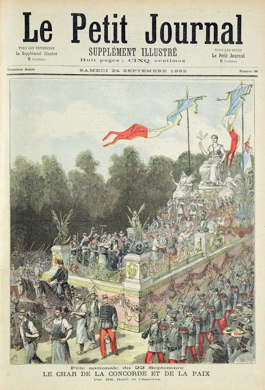 Titelsida som visar den nationella helgdagen den 22 september för att fira hundraårsdagen av republikens proklamation, illustration från det illustrerade tillägget till Le Petit Journal, 24 september av Henri Meyer