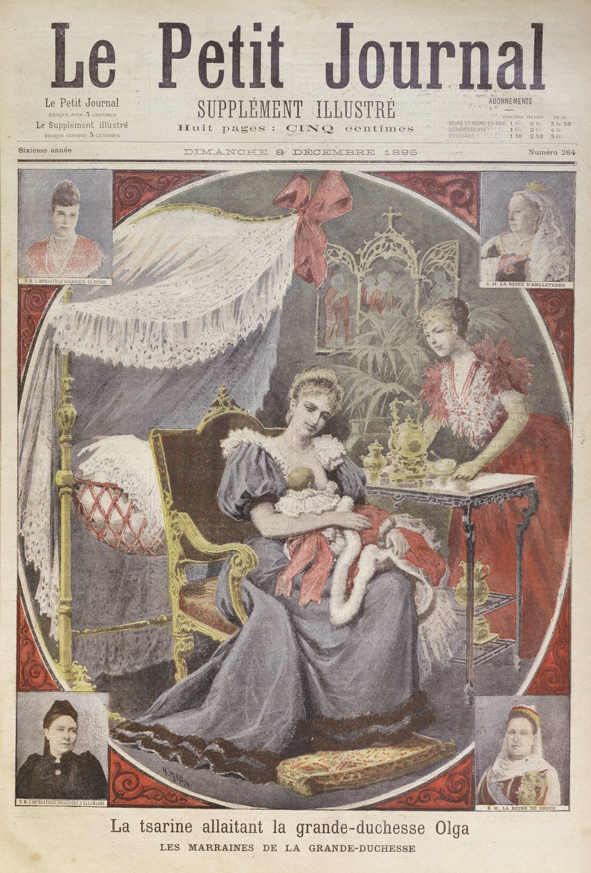 Tsarina Alexandra Feodrovna (1872-1918) ammar storhertiginnan Olga (1895-1918) från framsidan av "Le Petit Journal", 8 december 1895. av Henri Meyer