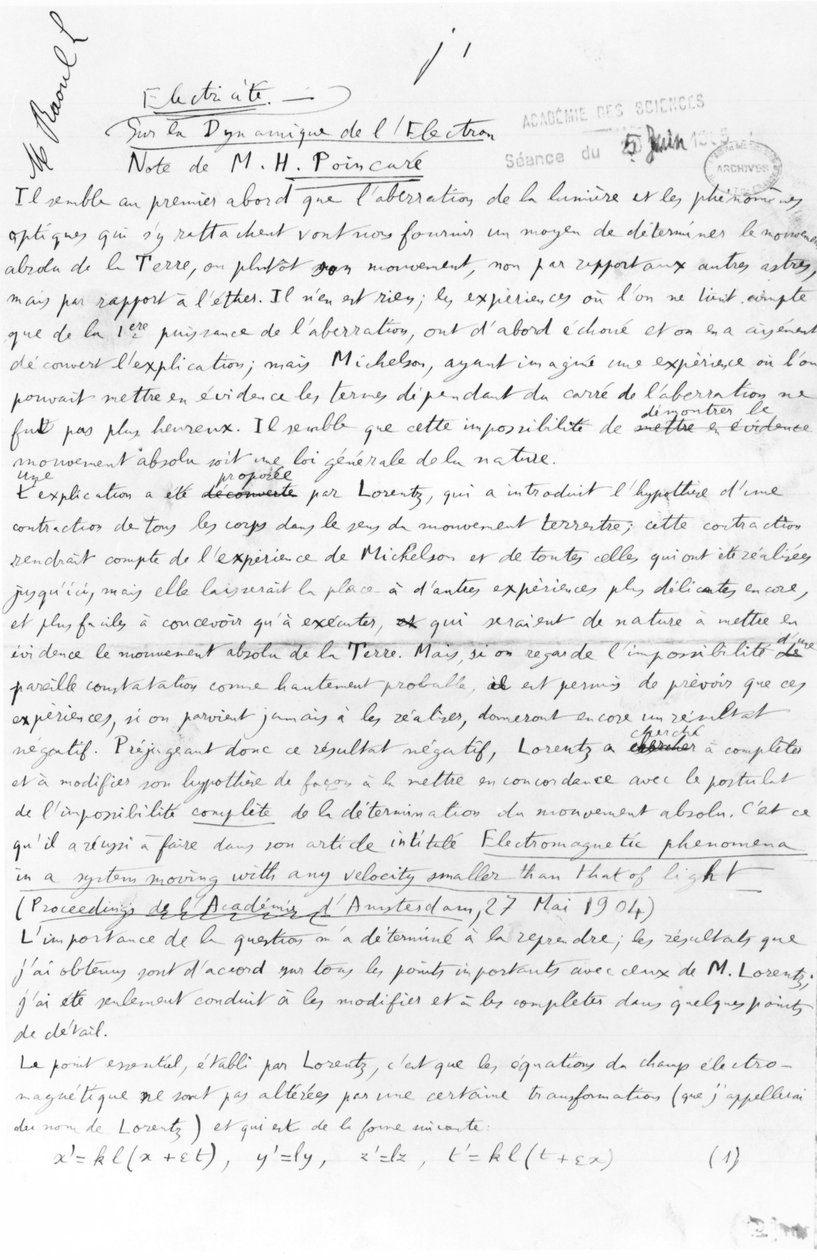 Manuskript om elektrondynamik, 5 juni 1905 (penna och bläck på papper) av Henri Poincare
