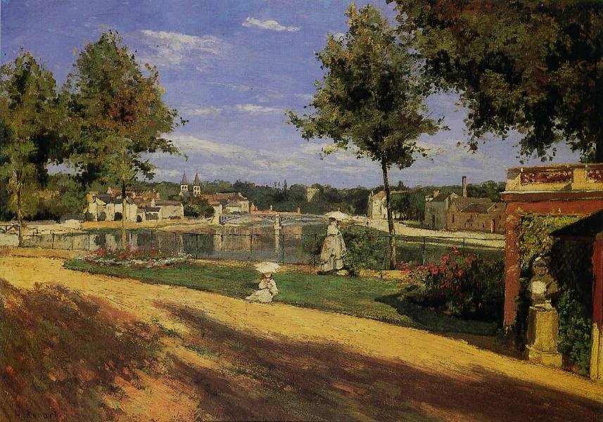  Terrace on the Banks of the Seine at MelunnFrancais : La terrasse au bord de la Seine a Melun. Au fond La Maison centrale de Melun sur lile Saint-Etienne. On apercoit quelques usines de Vaux-le-Penil sur la rive droite de la Seine et au fond on peut entre av Henri Rouart