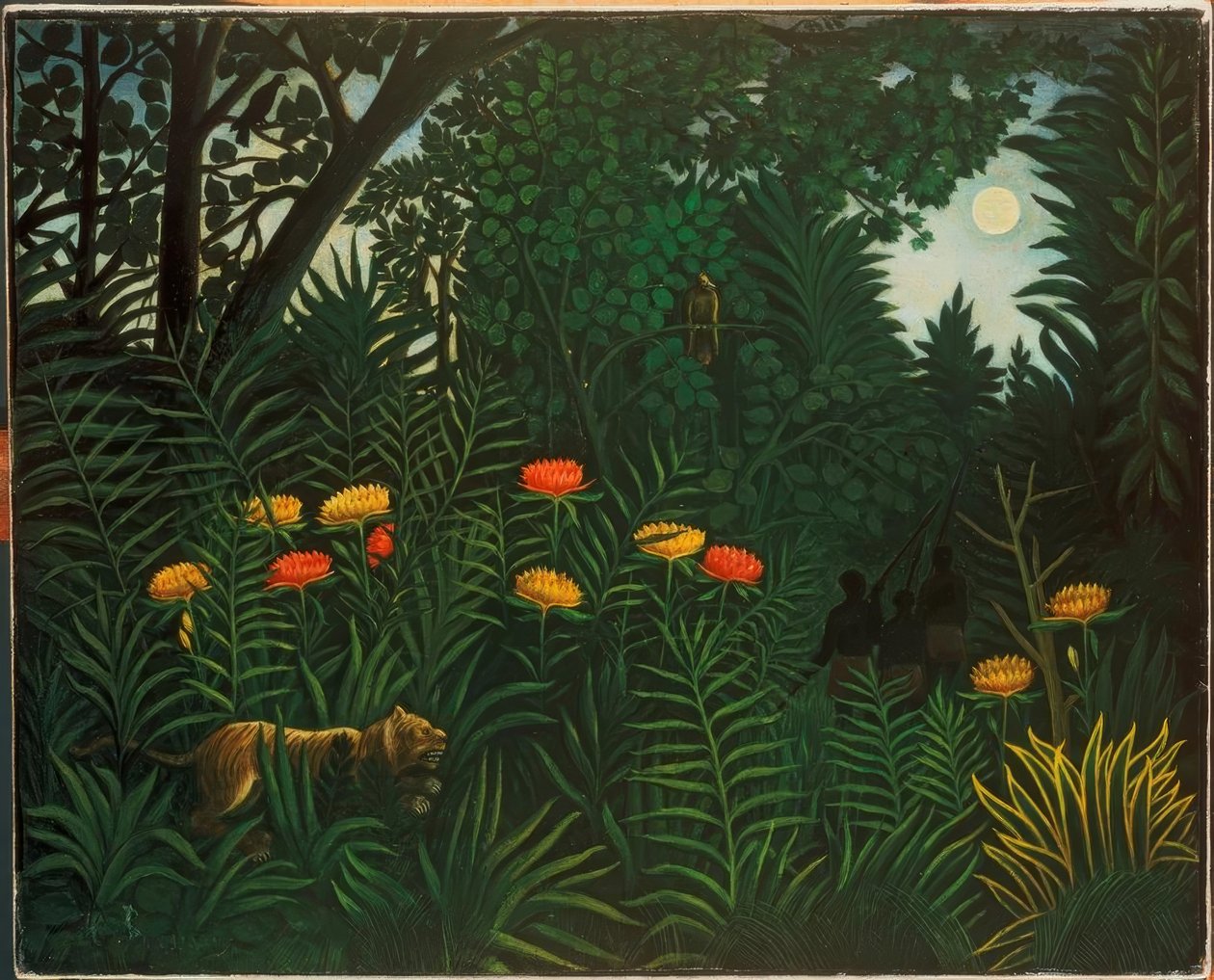 Exotiskt landskap med tigrar och jägare av Henri Rousseau