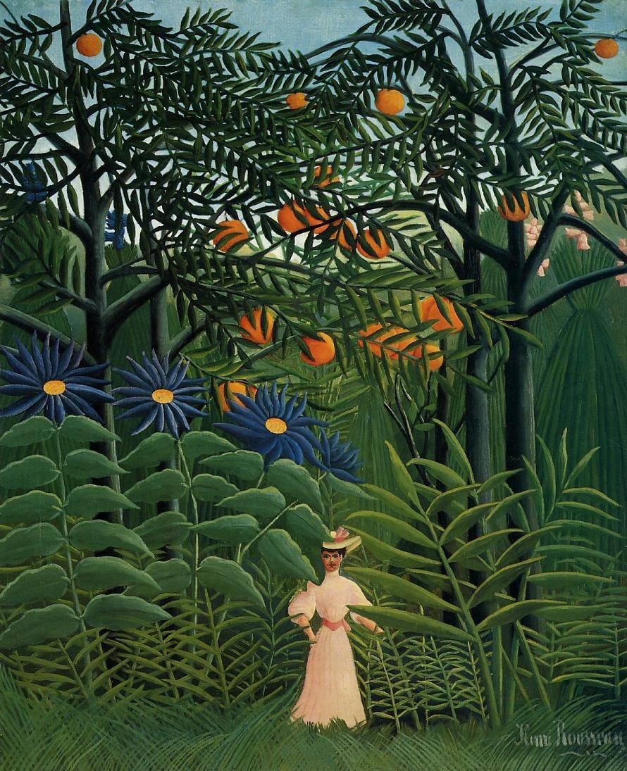Femme se promenant dans une forêt exotique av Henri Rousseau