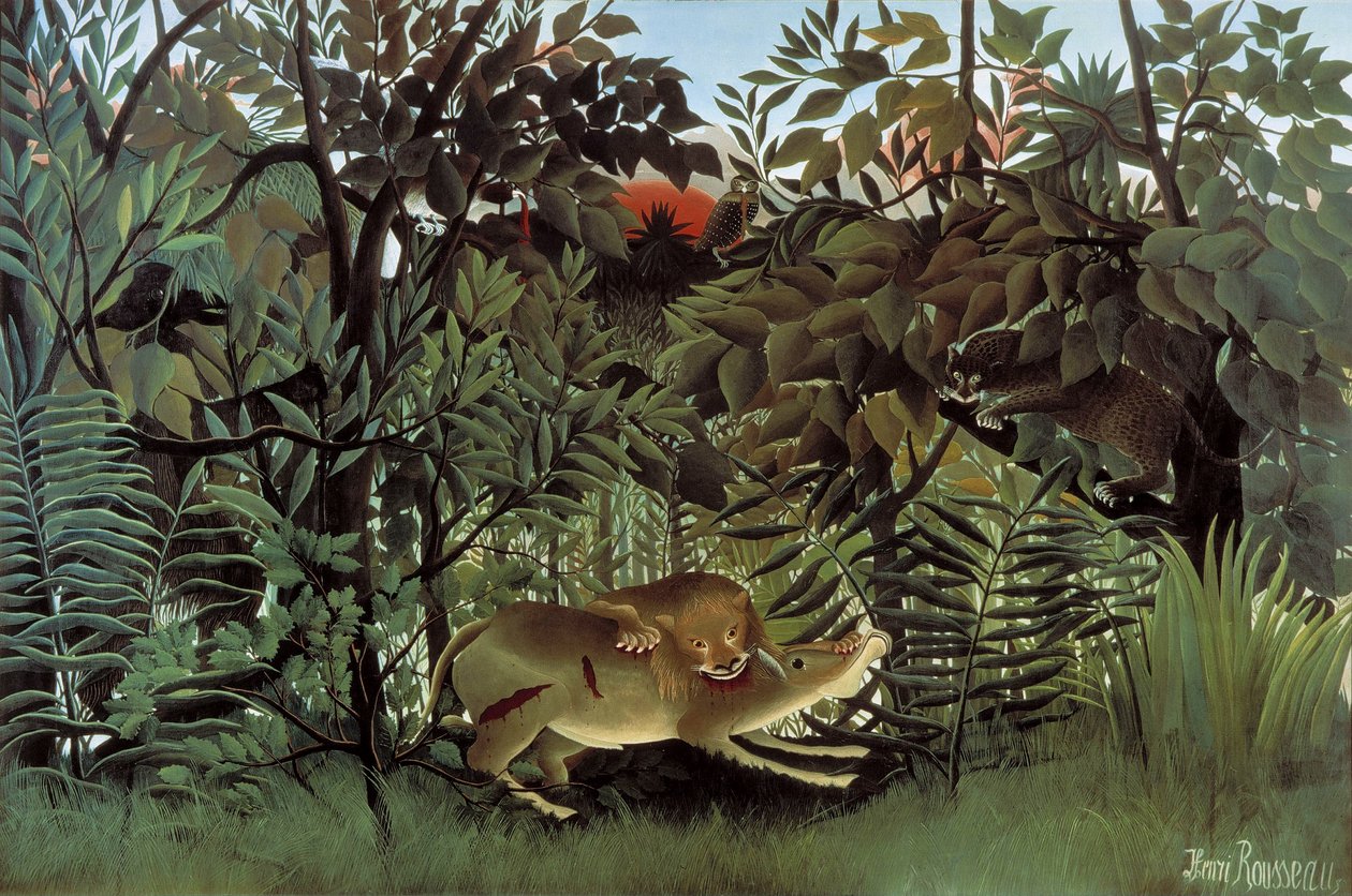 The Hungry Lion Attacking an Antelope av Henri Rousseau