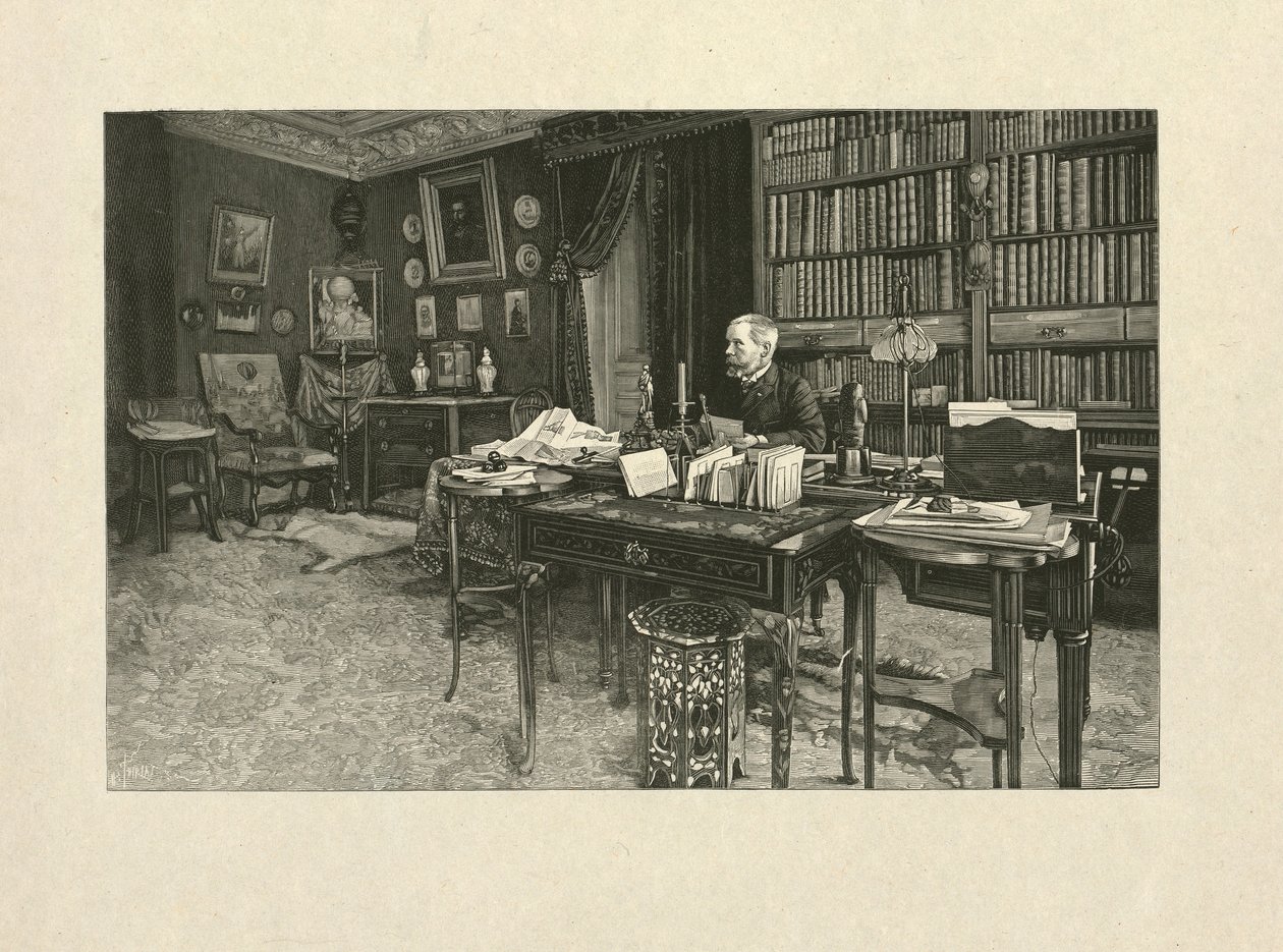 Gaston Tissandier, fransk ballongfarare, sittande vid ett skrivbord i sitt arbetsrum, 1880-1900 (trägravyr) av Henri Thiriat