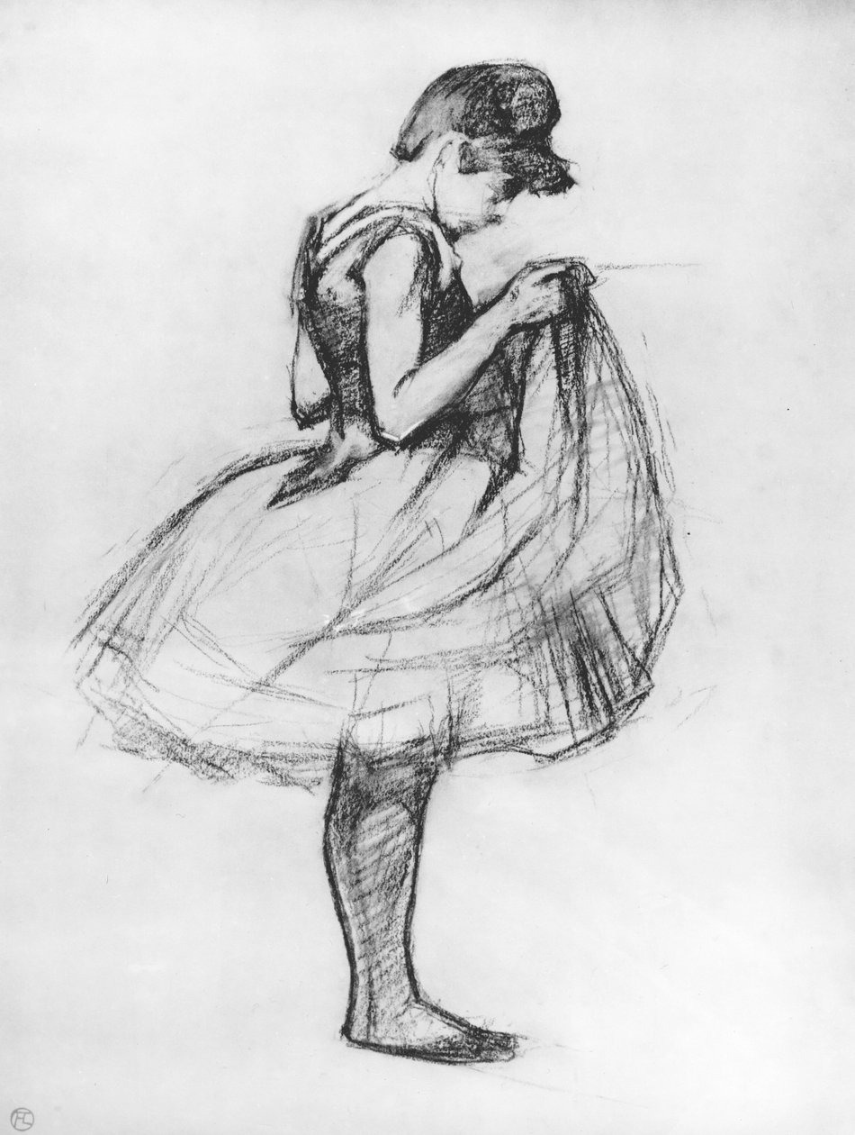 Dansare justerar sin kostym och knäpper på kjolen, 1889 (kol på papper) av Henri de Toulouse Lautrec