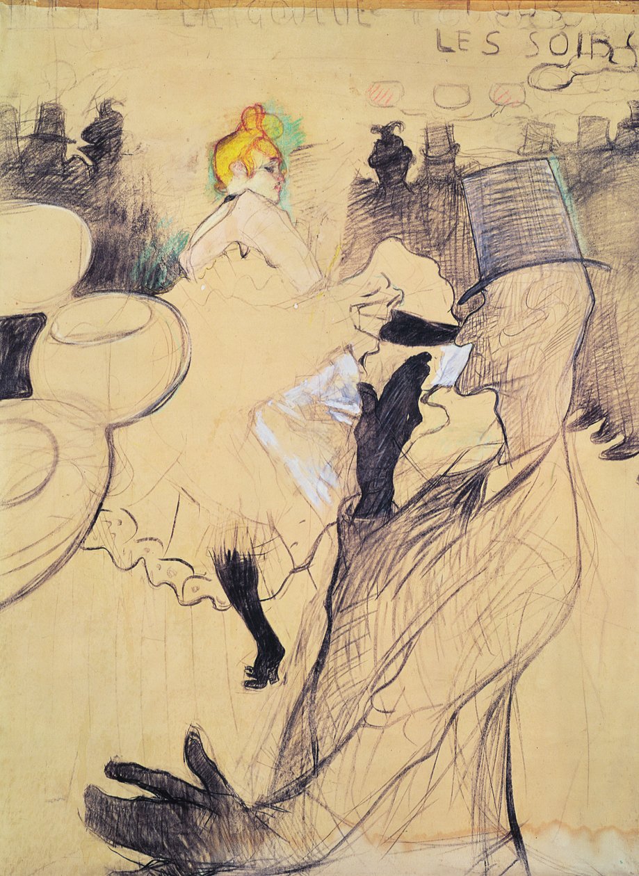 Moulin-Rouge, den Goulue och Valentin, den benfria One, 1891 (skriva und bläck och färgpenna  på papper) av Henri de Toulouse Lautrec