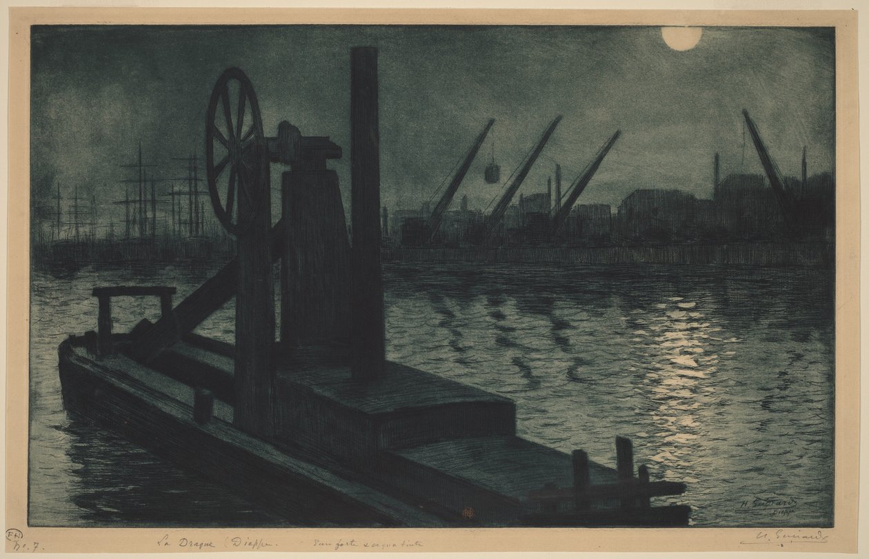 Muddringsverket i Dieppe, ett muddringsverk i Dieppes hamn i månsken av Henri-Charles Guérard