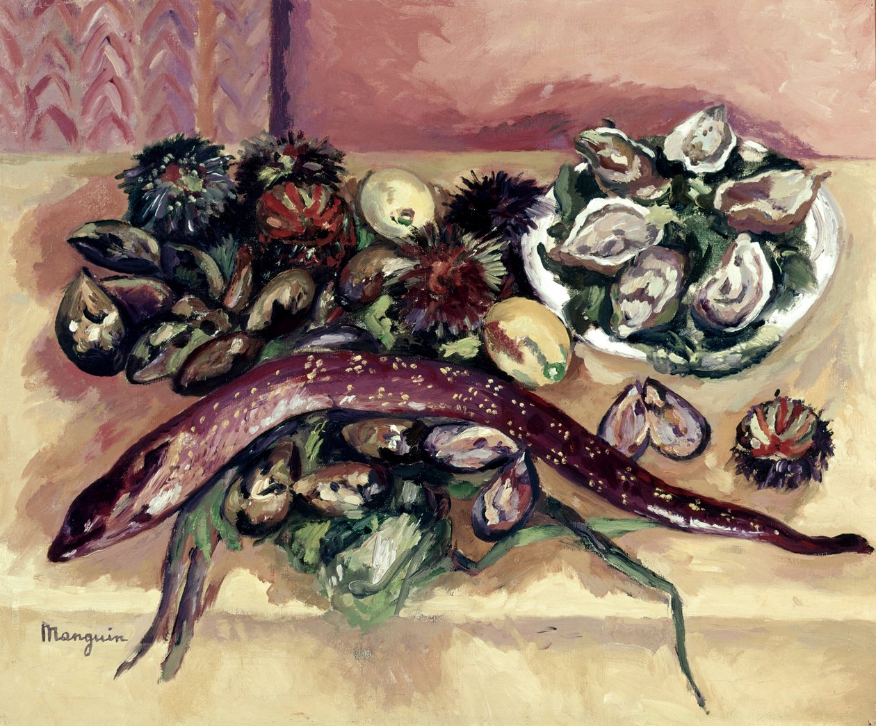 Stilleben med ål (Stilleben med sjöborrar och ål) av Henri Charles Manguin