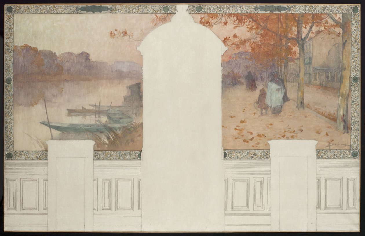 Skiss till stadshuset i Asnières: Autumn, the Seine at Asnières, ca 1900 (olja på tusch på duk) av Henri Gaston Darien