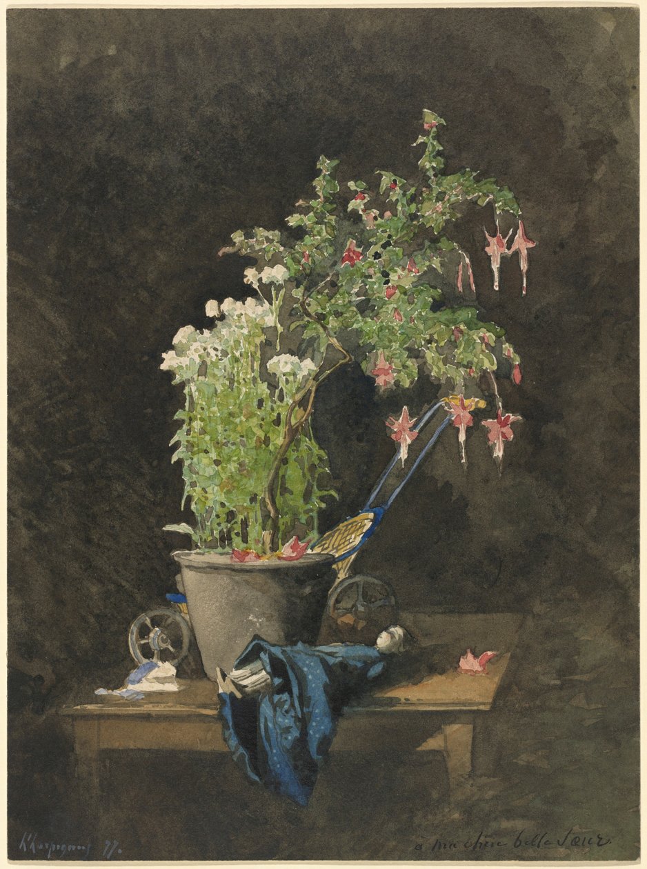 En fuchsia i kruka med barnleksaker av Henri-Joseph Harpignies