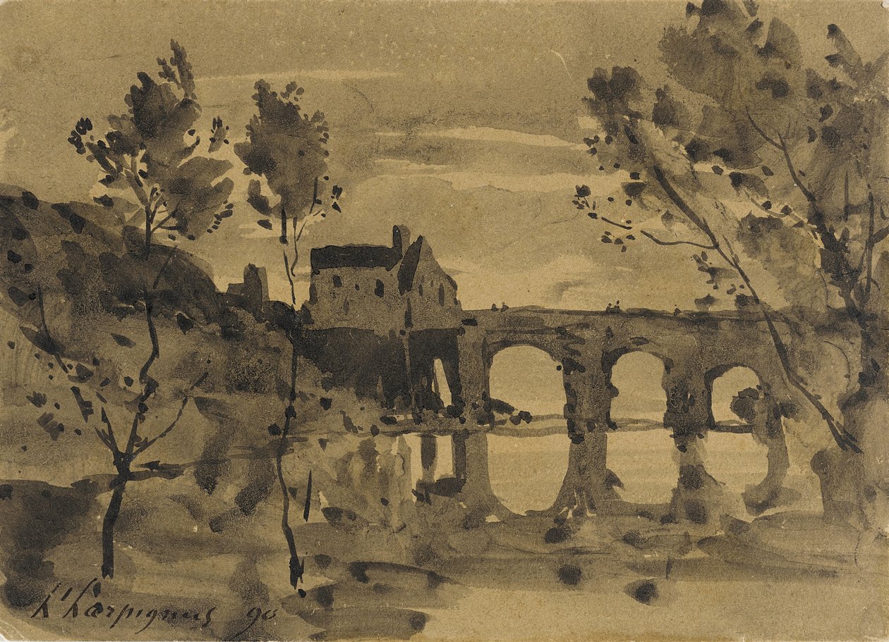Flodlandskap med bro och hus av Henri-Joseph Harpignies