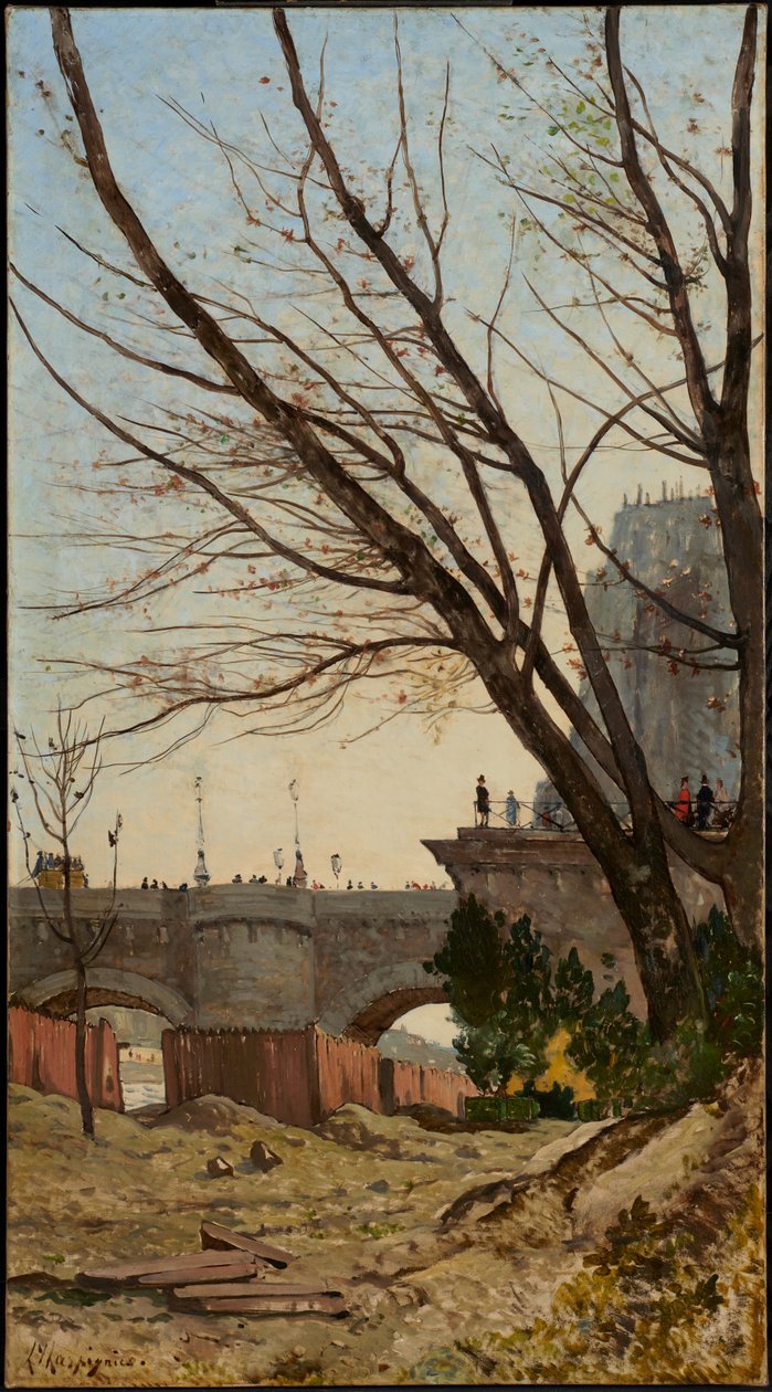 Vy över Pont Neuf och Île de la Cités västra spets från Seines stränder av Henri-Joseph Harpignies
