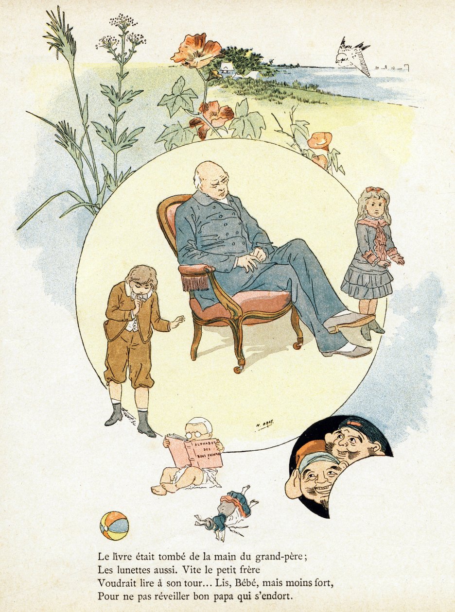 Gravyr i "Alphabet des bons exemples". Jules Levy, redaktör. Illustrationer av Henri Boulanger, a.k.a. Henri Gray. Texter av fru P. Boulanger. Gravyr och tryck av Ch. Gillot, 79 rue Madame, Paris. Omkring 1890. Hitta i varje bild den lysande wor av Henri  Gray