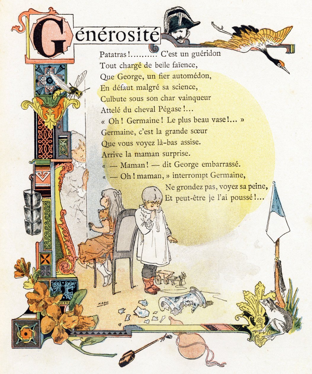 Bokstaven G Generosite - Gendarme Grue Guepe Godets Giroflee Gourde Grenouille - Gravyr i "Alphabet des bons exemples" - Jules Levy, editeur - Illustrationer de Henri Boulanger, alias Henri Gray (1858-1924). Texter (dikter) av Mme P. Boulanger - Gravyr och av Henri (1858 1924) Gray
