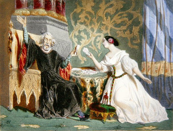 Rosine Stolz (1815-1903) och Paul Barroilhet (1810-71) i akt II av operan "Charles VI" av Jacques Fromental Halevy (1799-1862) (lito i färg) av Henri (after) Baron