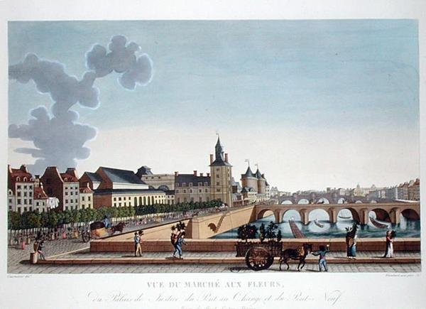 Vy över blomstermarknaden vid Palais de Justice, ca 1816-20 (kolorerat gravyr) av Henri (after) Courvoisier Voisin