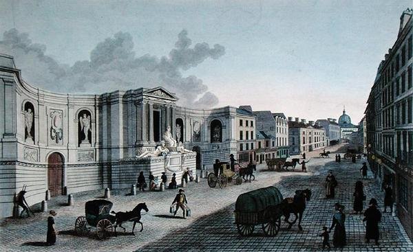 Vy över fontänen på Rue de Grenelle, Faubourg St. Germain, graverad av Grimbergen, ca 1815-20 (färgad gravyr) av Henri (after) Courvoisier Voisin