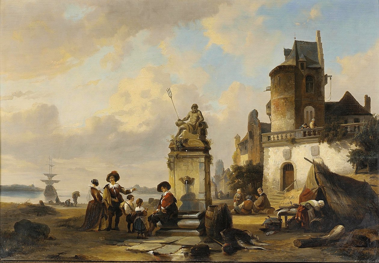 Eleganta figurer sitter vid en fontän, en hamn utanför av Henri Adolphe Schaep