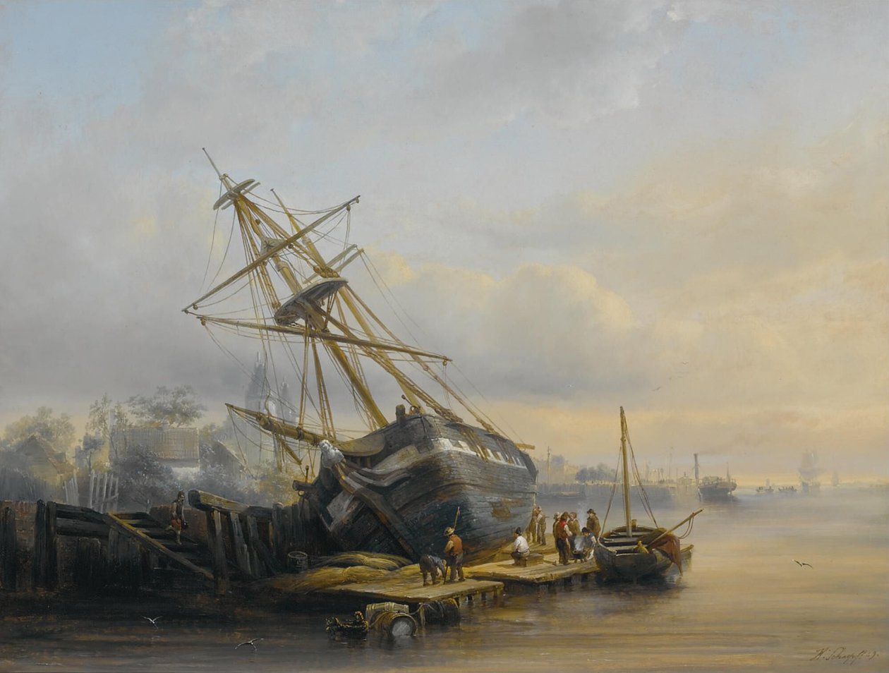 Reparationer på skeppsvarvet

Alternativ titel(s):  

Figurer i arbete i en hamn av Henri Adolphe Schaep