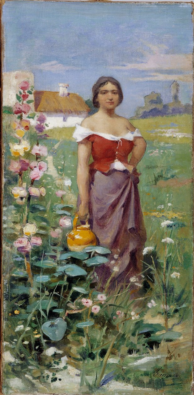 Camargaise en kanna Ung kvinna klädd med en zigenare på ett fält. Målning av Adrien Henri Tanoux (1865-1923) 1900-talet Obligatoriskt omnämnande: Collection fondation regards de Provence, Marseille av Henri Adrien Tanoux
