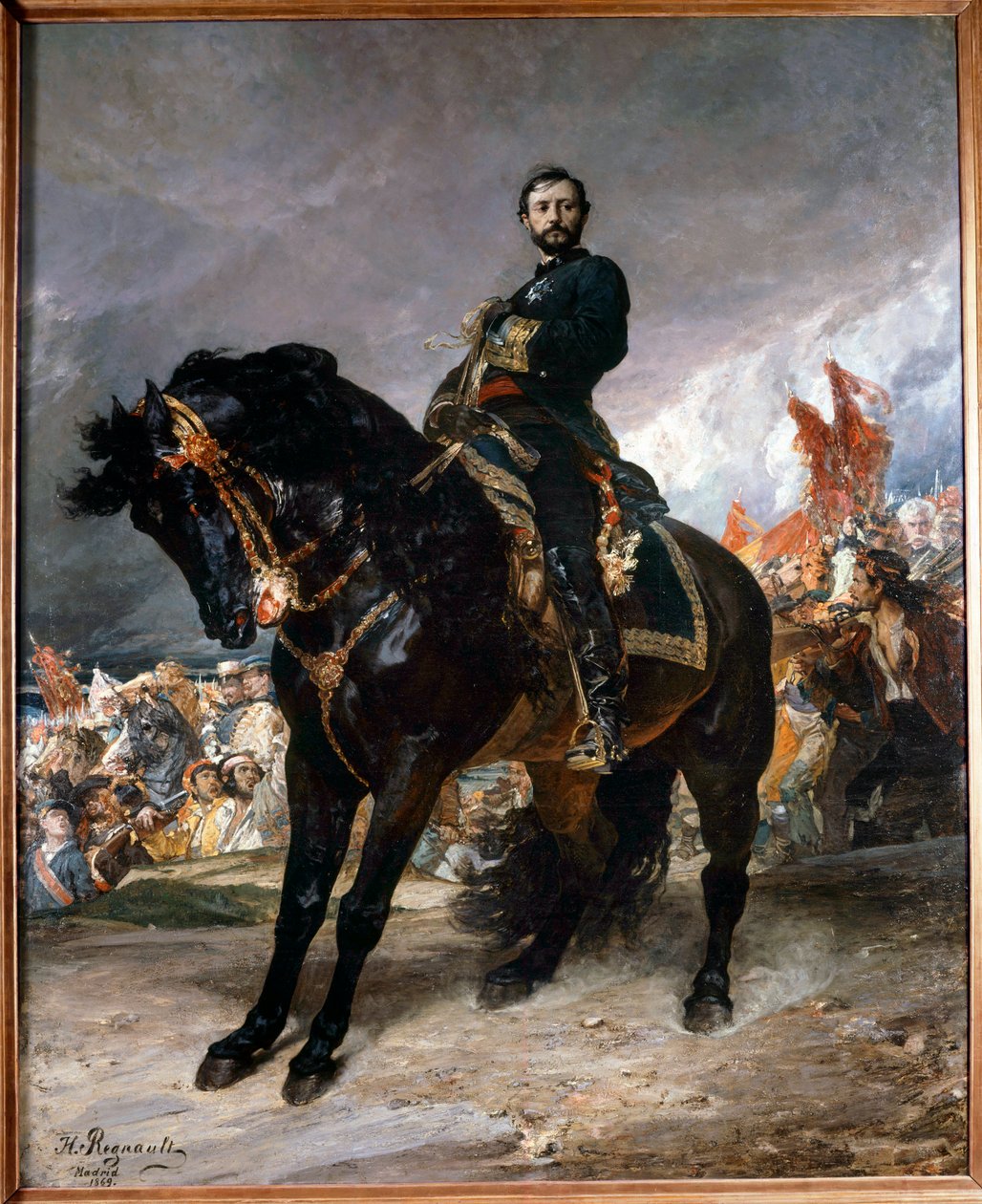 Revolutionen i september (Gloriosa): "" General Juan Prim (1843-1871) rider framför Madrid, i spetsen för den spanska revolutionens uppror den 8 oktober av Henri Alexandre Georges Regnault