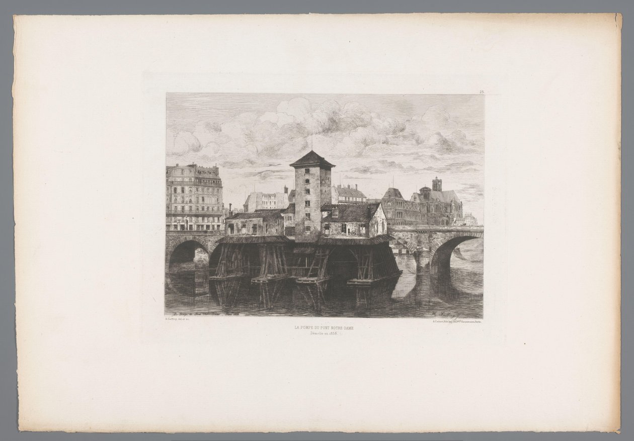 Utsikt över Pont Notre-Dame Pont Notre-Dame pumpen (titel på objekt) France etsen uit 1875 (serietitel) Etsning 1875 (serietitel) av Henri Alexandre Saffrey