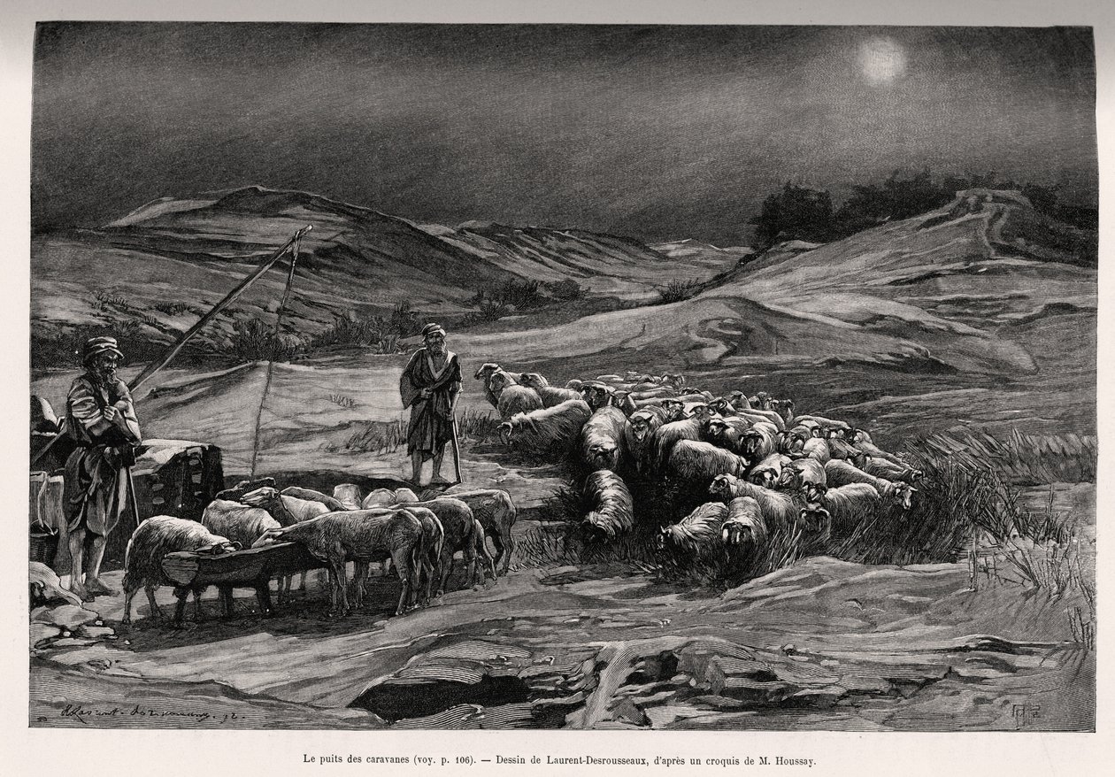 Trailern väl. Gravyr av Laurent Desrousseaux för att illustrera berättelsen "A travers la Perse meridionale", av C.Babin och F.Houssay, 1885, i Le tour du Monde 1892, regisserad av Edouard Charton (1807-1891), Hachette, Paris. av Henri Alphonse Louis Laurent Desrousseaux