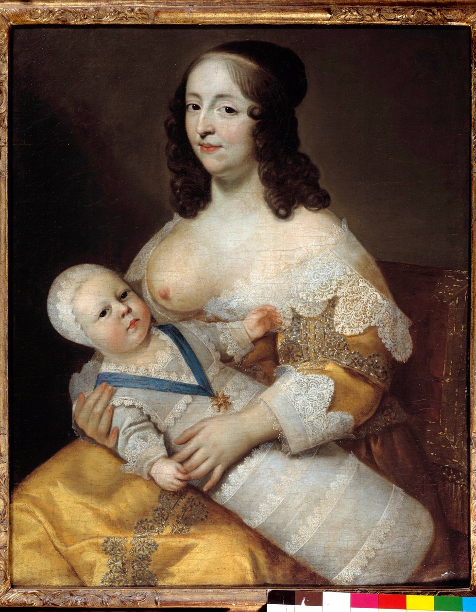 Representation av den blivande kung Ludvig XIV (1638-1715) baby, i baddräkt i armarna på sin sjuksköterska Marie de Longuet de la Giraudiere Kvinnans bröst är upptäckt och redo att amma barnet. Målning av Charles (1604-1692) och Henri (1603-1677) av Henri Beaubrun