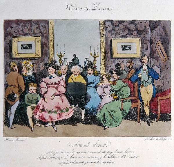 Humoristisk skildring av gästernas beteende och samtal före middagen, graverad av Francois Seraphin Delpech (1778-1825) (litho i färg) av Henri Bonaventure (after) Monnier