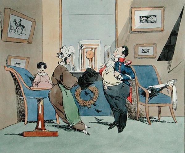 "Jag har blivit oerhört mäktig... Sir är mycket stolt över sin uniform", karikatyr till "Vues de Paris, Esquisses morales et philosophiques" av Francois Seraphin Delpech (1778-1825) tidigt 1800-tal (färglitografi). av Henri Bonaventure (after) Monnier