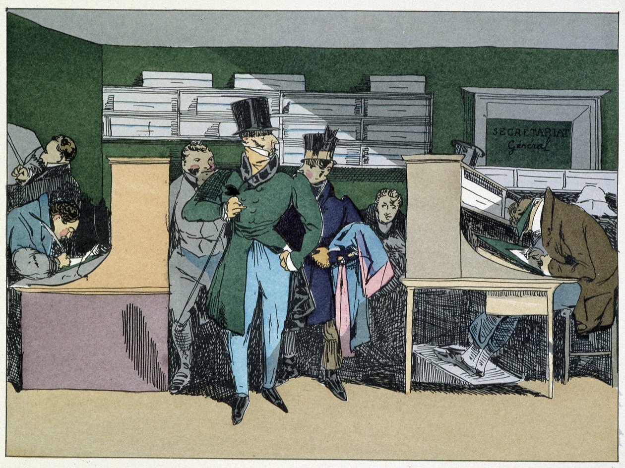 12:00: ankomsten av herr avdelningschefen, obligatoriskt arbete - i "" Administrativ moral"" av Henri Monnier av Henri Bonaventure Monnier