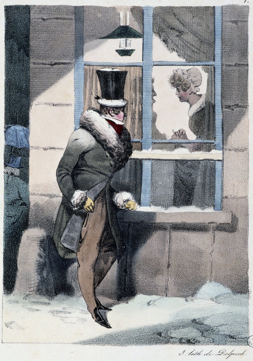 Nyfiken man som tittar ut genom fönstret inne i ett hus: "" Alla tar sitt nöje där han hittar honom"" - i "" Les pastemps"" av Henri Monnier, red. Delpech, Paris av Henri Bonaventure Monnier